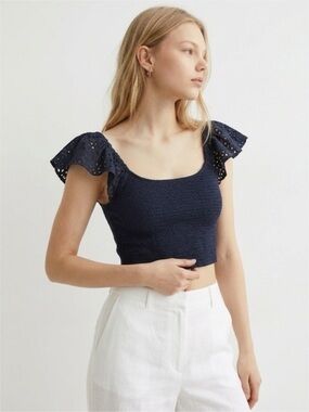 H&M Navy Blue Smocked Crop Top with Eyelet Flutter Sleeves
